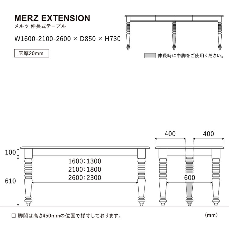 メルツ ダイニングテーブル 伸長式《大型商品》 ブラウン 160～260cm 160～260cm