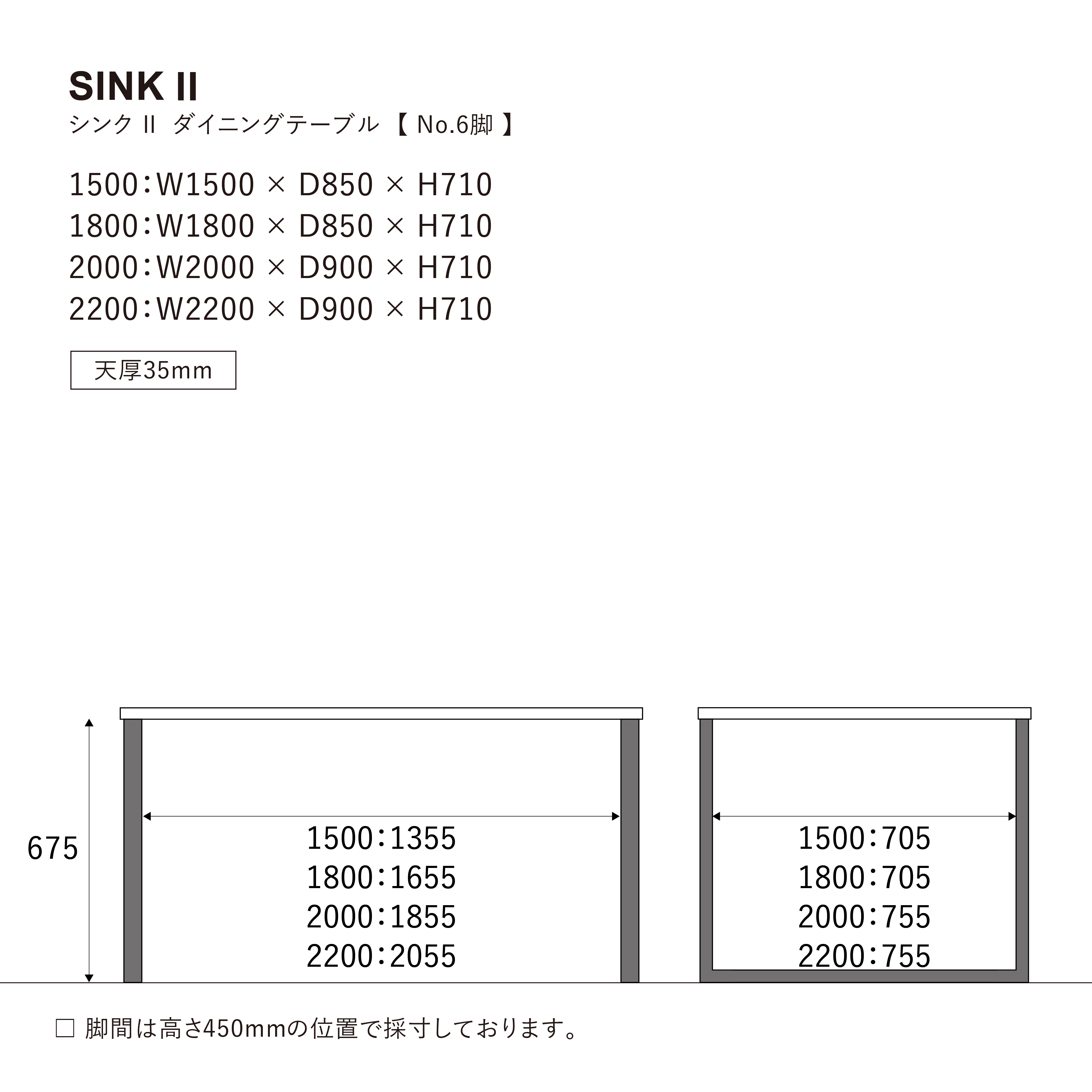[3.5cm] シンク テーブル 150cm 天板厚3.5cm WF-1/脚6型(ロの字) WF-1 150cm